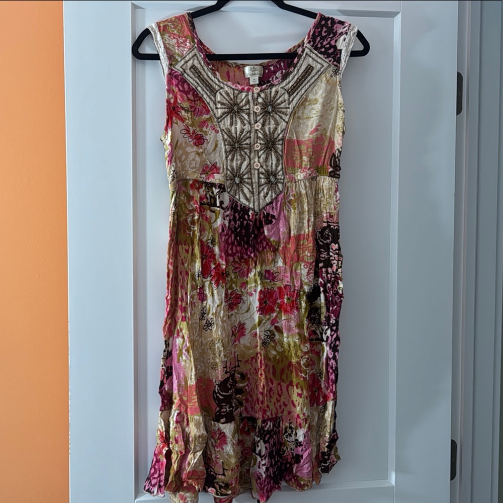 Pink and Red Sleeveless Sundress with Scoop Neck and Beading Embellishments